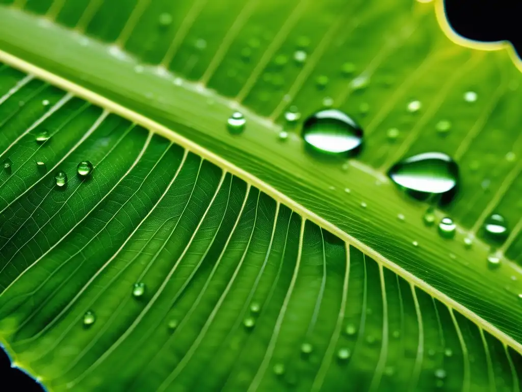 Hoja verde con detalles y gotas de agua, símbolo de química verde y su aplicación en la sociedad moderna