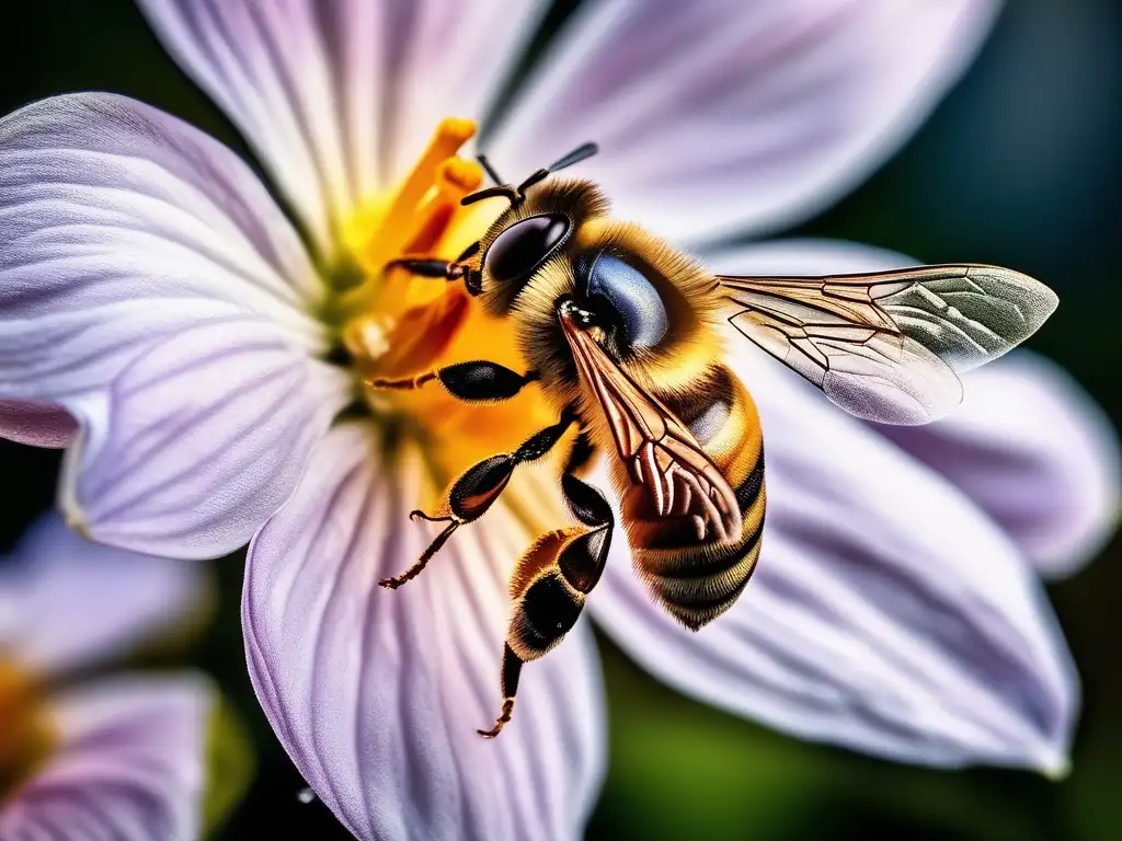 Impacto de los materiales bioinspirados en la química: Detalles de una abeja en una flor, mostrando texturas y patrones