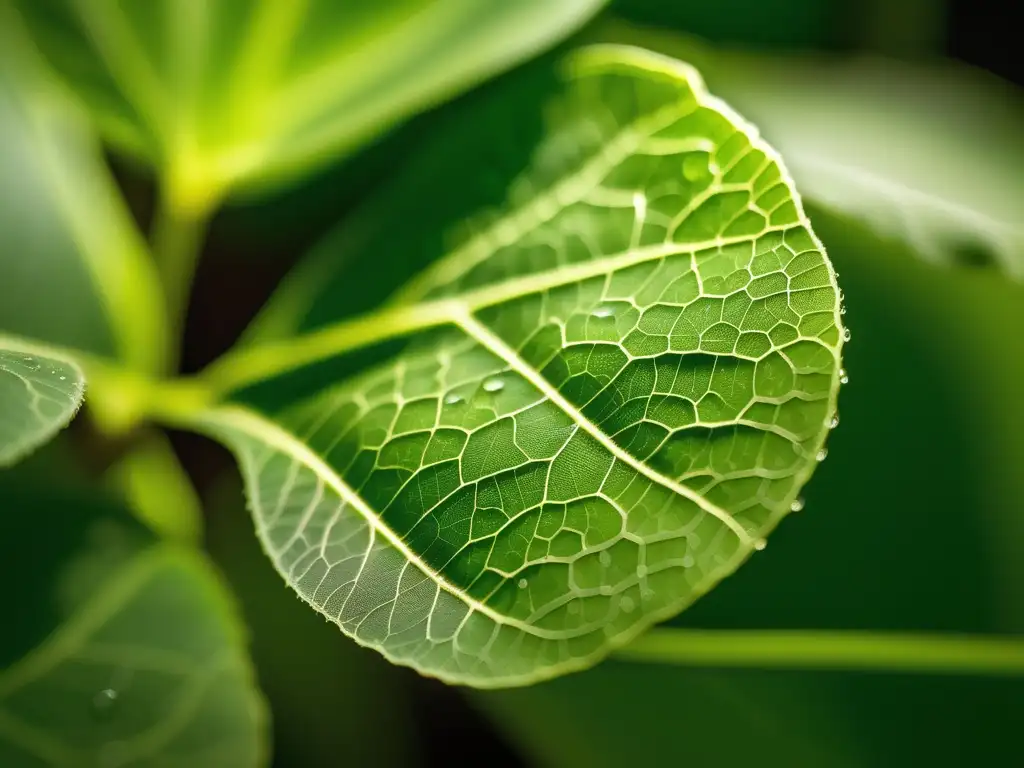 Fotografía macro de una hoja verde con detalles intrincados y gotas de rocío