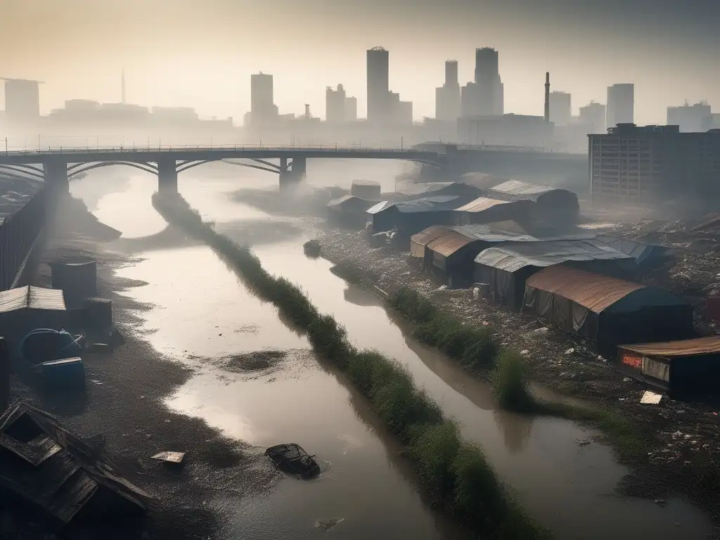 Ciudad contaminada: smog, río y suelo afectados por procesos industriales