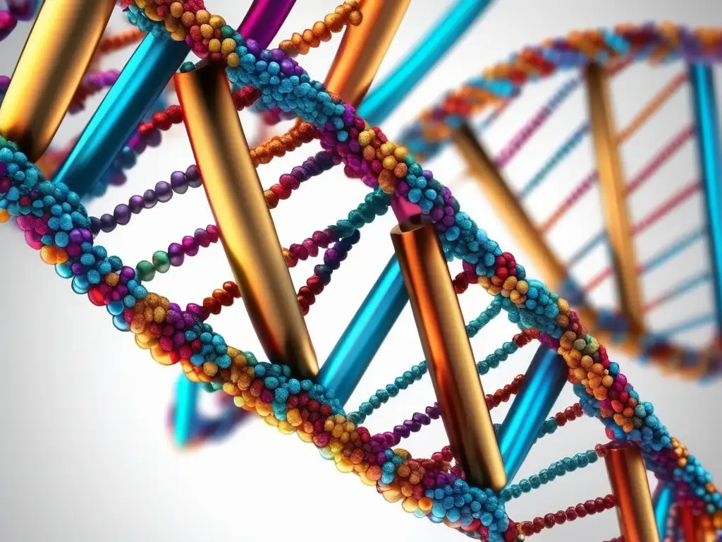 Importancia ácidos nucleicos: Estructura ADN detallada, colores vibrantes destacan parejas de bases complementarias