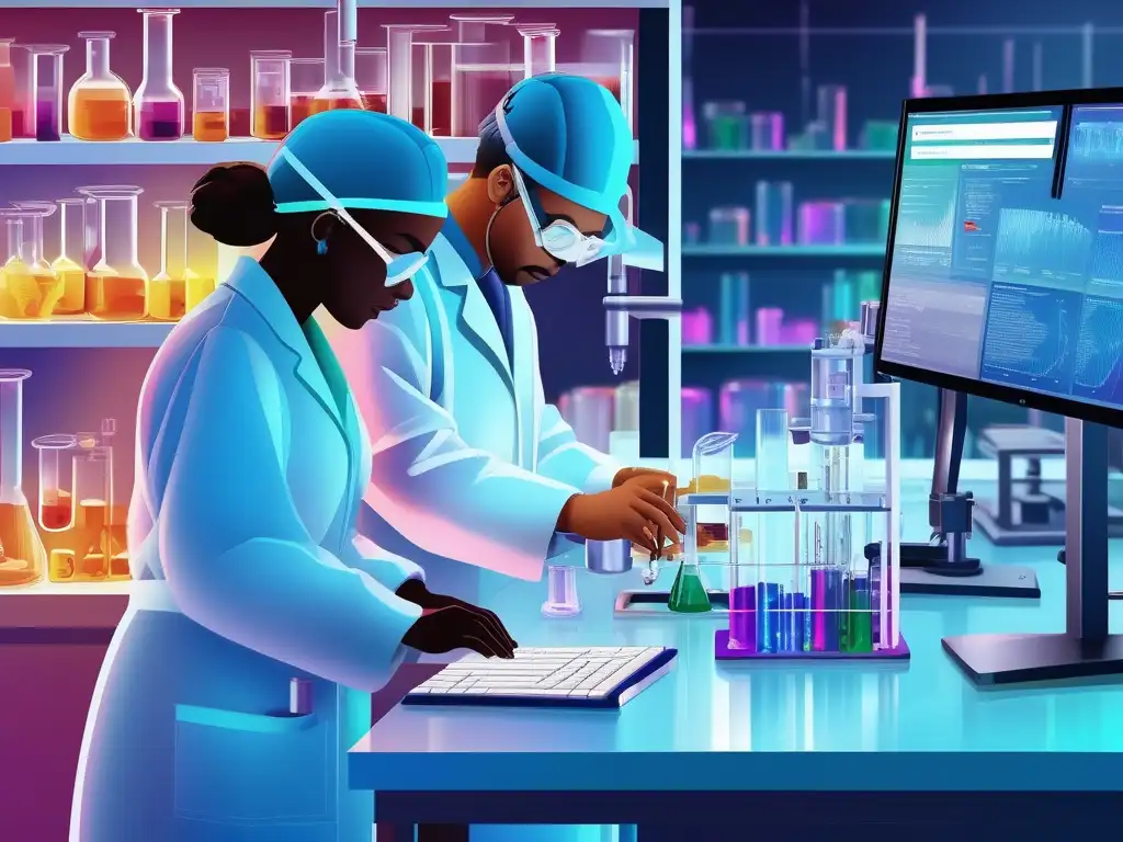 Descubrimientos químicos enfermedades tropicales: científicos trabajando en laboratorio con herramientas de química computacional