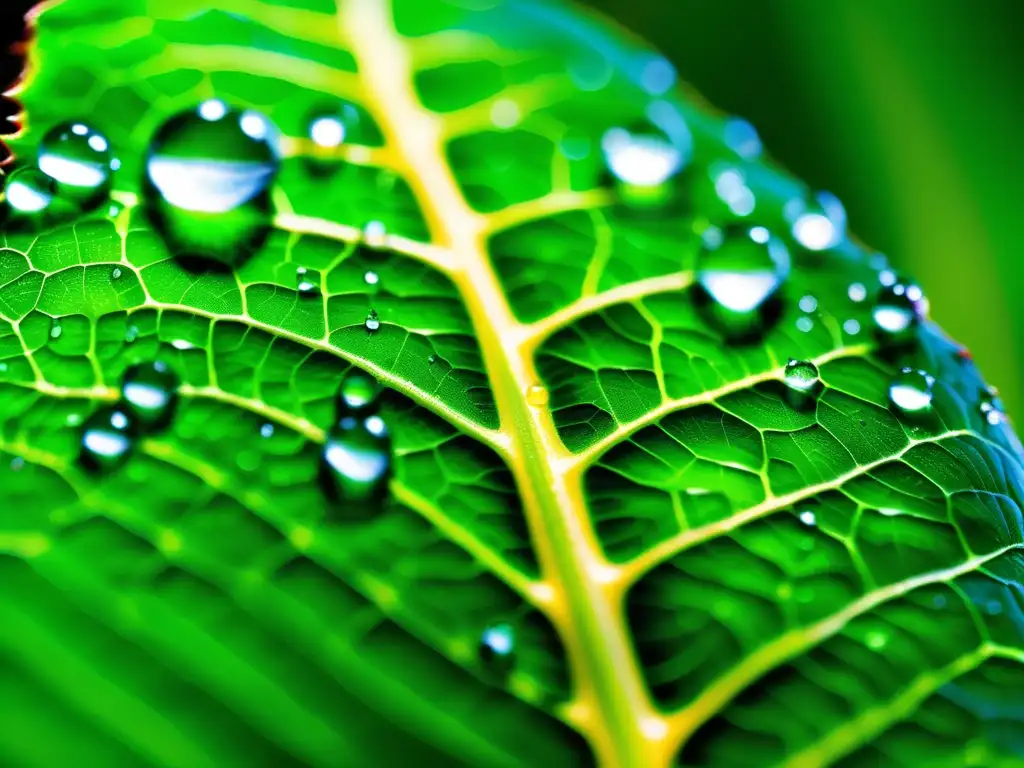 Impacto de investigación química en sostenibilidad: hoja verde con gotas de agua, luz natural, detalles y textura