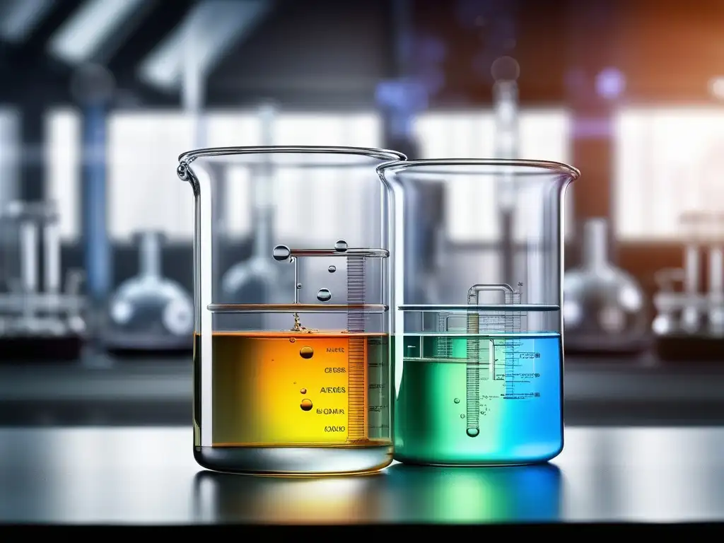 Importancia ácidos y bases en química: imagen detallada y realista de un laboratorio con beaker, reacción química y instrumentos científicos