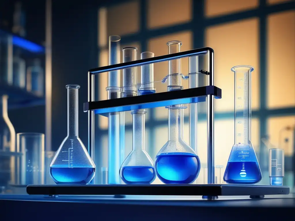 Espectroscopia química analítica moderna en un laboratorio con instrumentos, beaker de líquido azul puro y detalles meticulosos