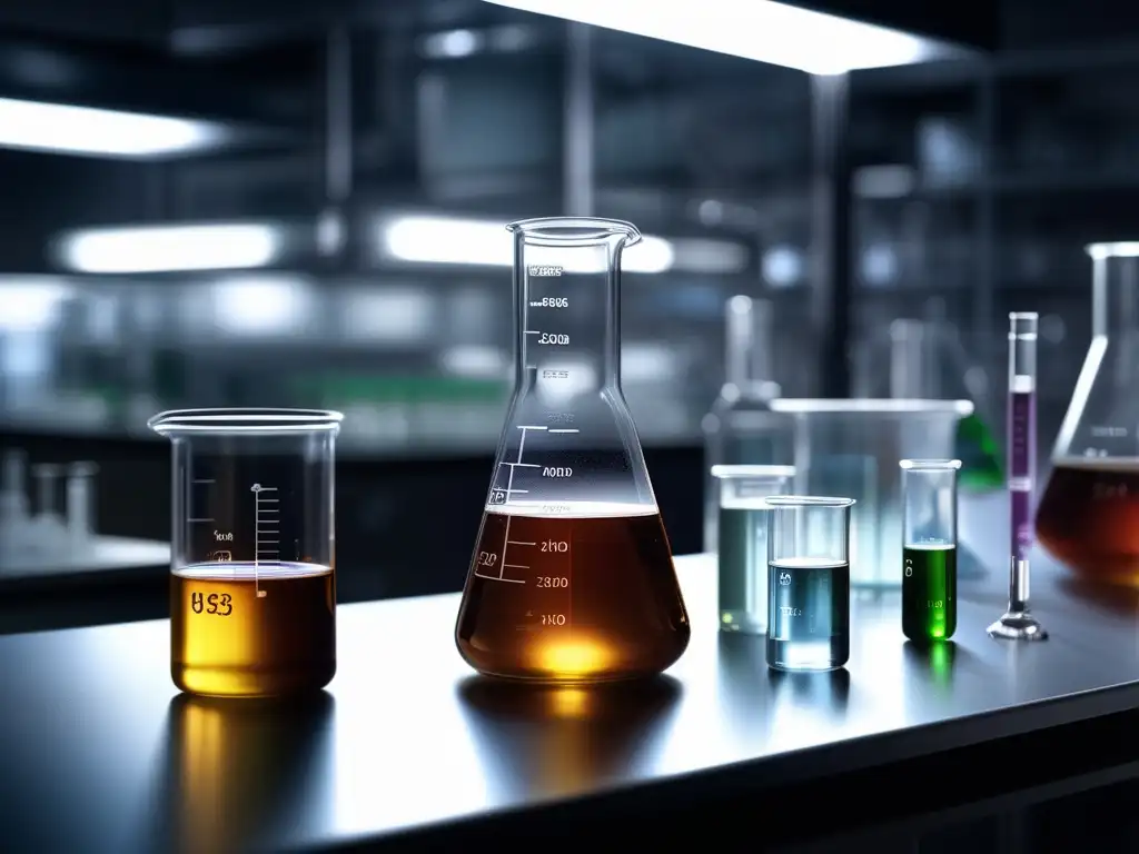 Imagen realista de laboratorio con beaker de ácido y equipo científico