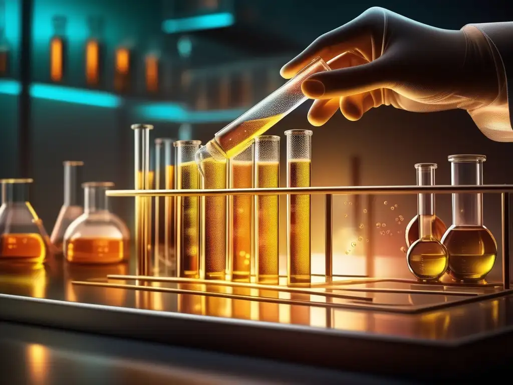 Importancia de alcanos y alquenos en química moderna: imagen detallada de laboratorio con tubo de ensayo y reacciones químicas