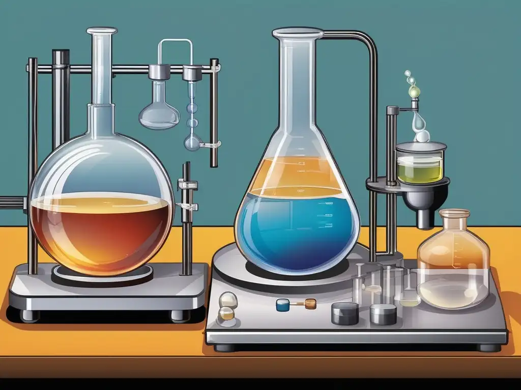 Nomenclatura química orgánica explicada: Imagen detallada de un laboratorio químico con diferentes instrumentos y compuestos orgánicos en solución