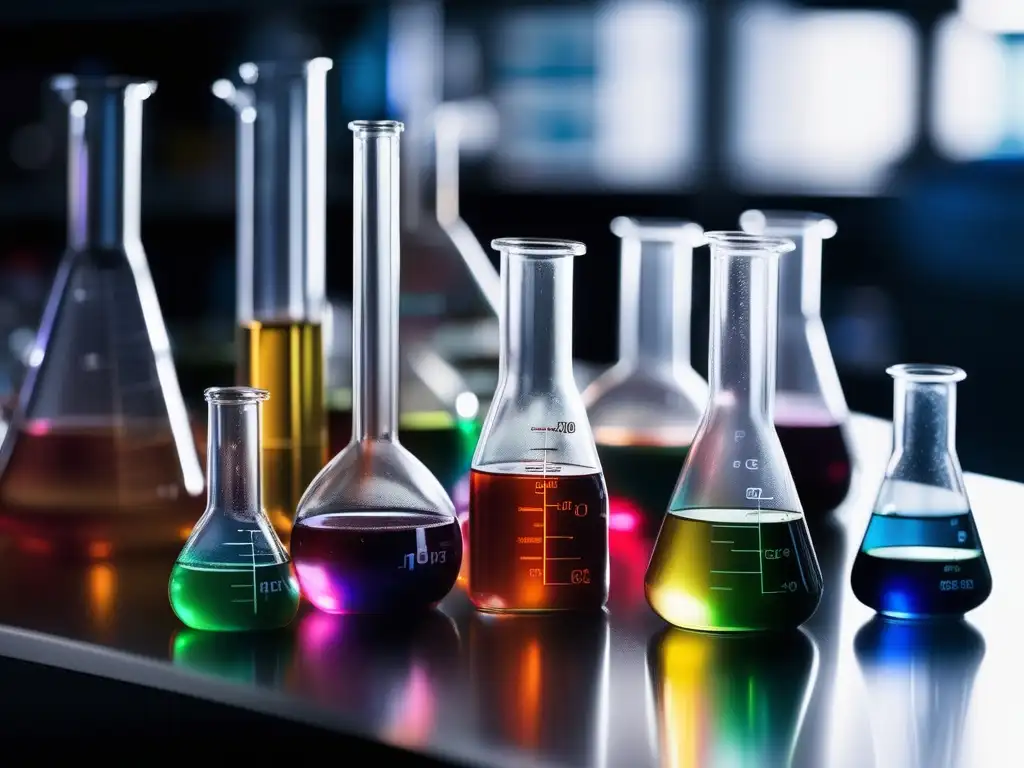 Beneficios de especializaciones en química: Imagen detallada de un laboratorio con bancada impecable, vidrio de colores y manos con guantes