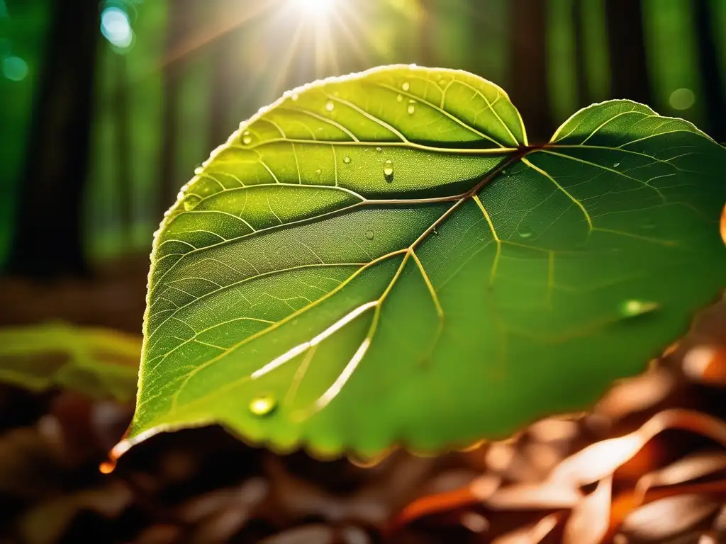 Importancia alcanos en química orgánica: Bosque virgen, árboles altos, vegetación exuberante, rayos de sol, hoja con detalle y gotas de rocío