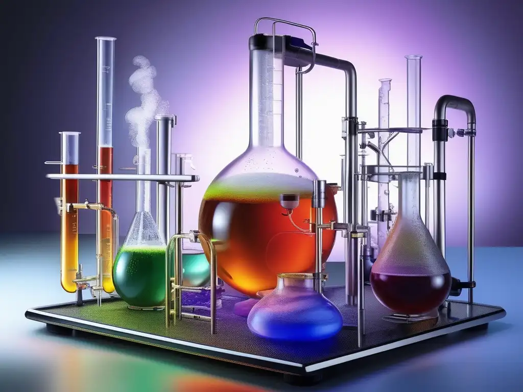 Importancia de la petroquímica en reacciones orgánicas: Imagen ultradetallada y fotorealista de un montaje de vidrio de laboratorio que muestra una reacción vibrante, síntesis de compuestos farmacéuticos y formación de polímeros