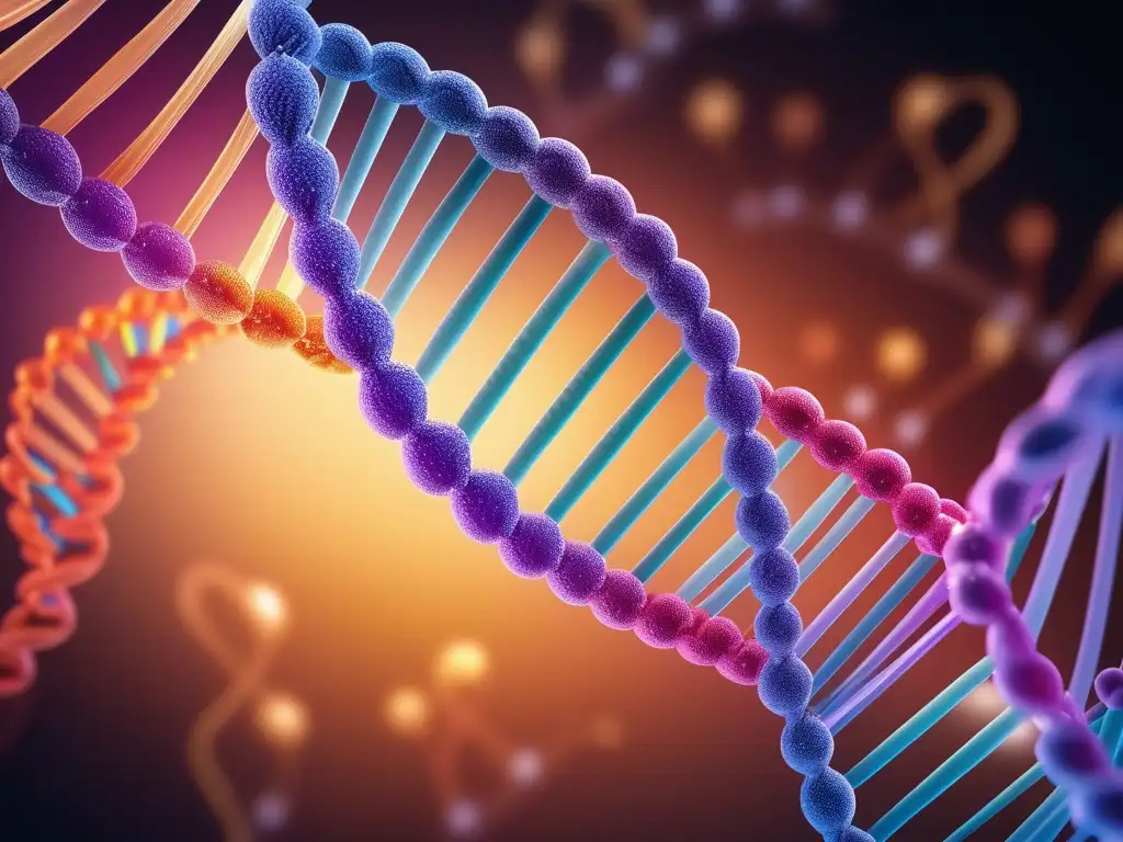 Importancia de los ácidos nucleicos: imagen ultradetallada y fotorealista de la estructura de doble hélice del ADN, destacando su simetría y los pares de bases