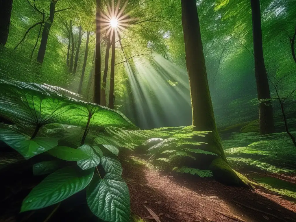 Una imagen detallada de un bosque verde vibrante con árboles altos y frondosos