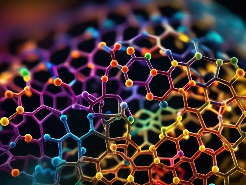 Estructura de enzima, detalle colorido de mecanismos químicos (110 caracteres)