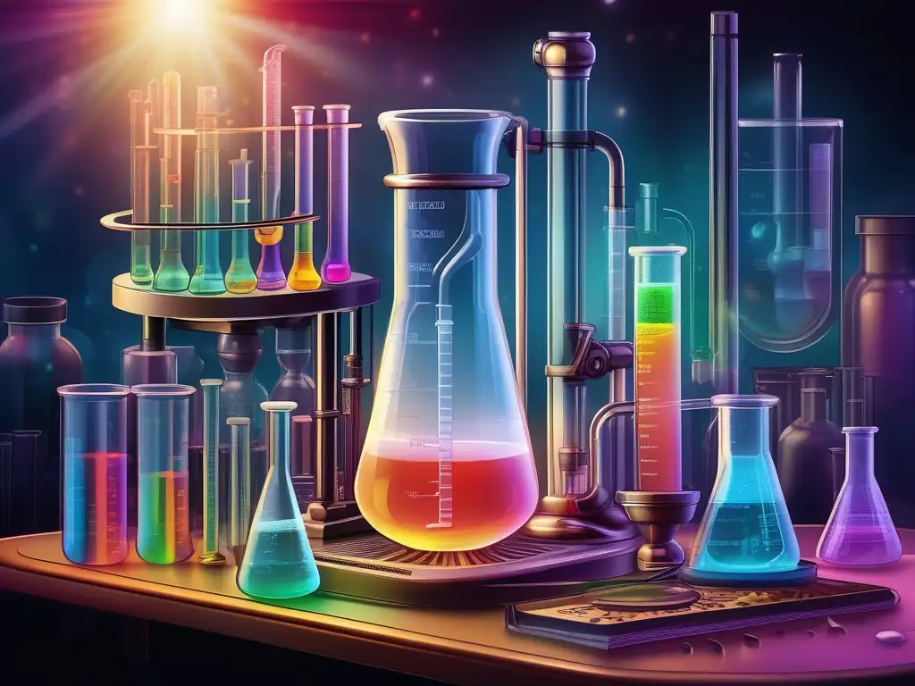 Experimento de química: Espectroscopia de impedancia en vidrio beaker con líquido transparente y instrumentos científicos