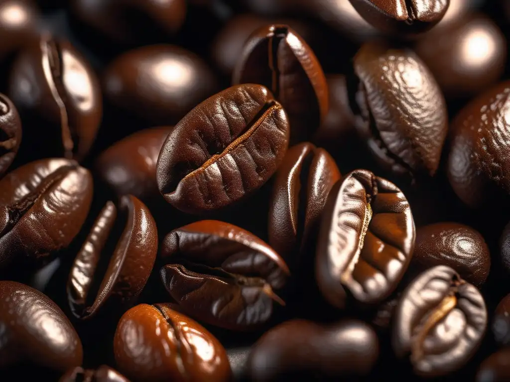 Descubrimientos químicos en el café: closeup de un grano texturizado, con patrones y sombras, goteando y revelando su esencia cautivadora