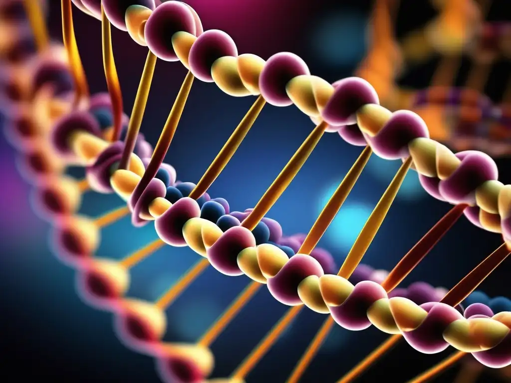 Estructura del ADN: detalle de doble hélice, nucleótidos y bases nitrogenadas (110 caracteres)