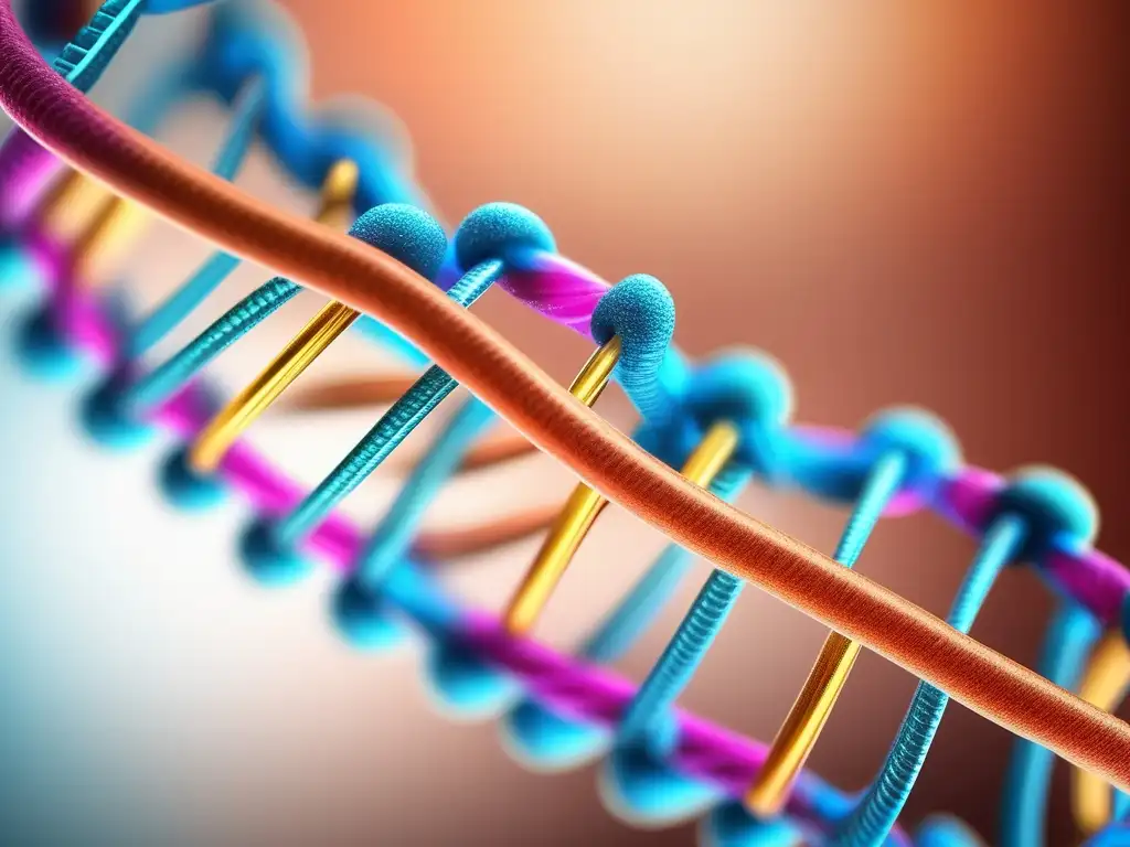 Importancia ácidos nucleicos en química moderna: imagen detallada de estructura de ADN con colores vibrantes y detalles de enlaces de hidrógeno