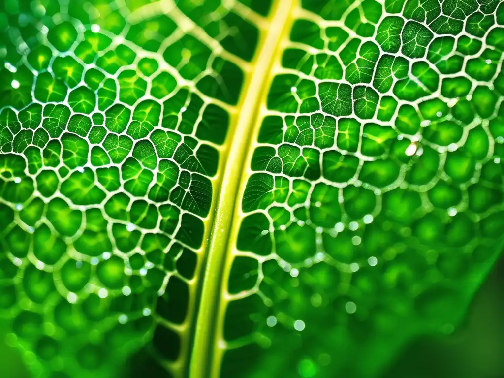 Hoja verde con venas, células y cloroplastos, reflejando agua y luz solar