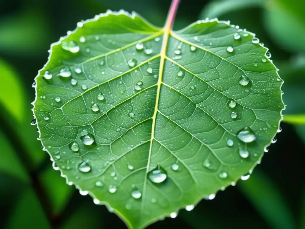 Importancia de la Química Ambiental para las Energías Alternativas: imagen detallada de una hoja cubierta de gotas de rocío