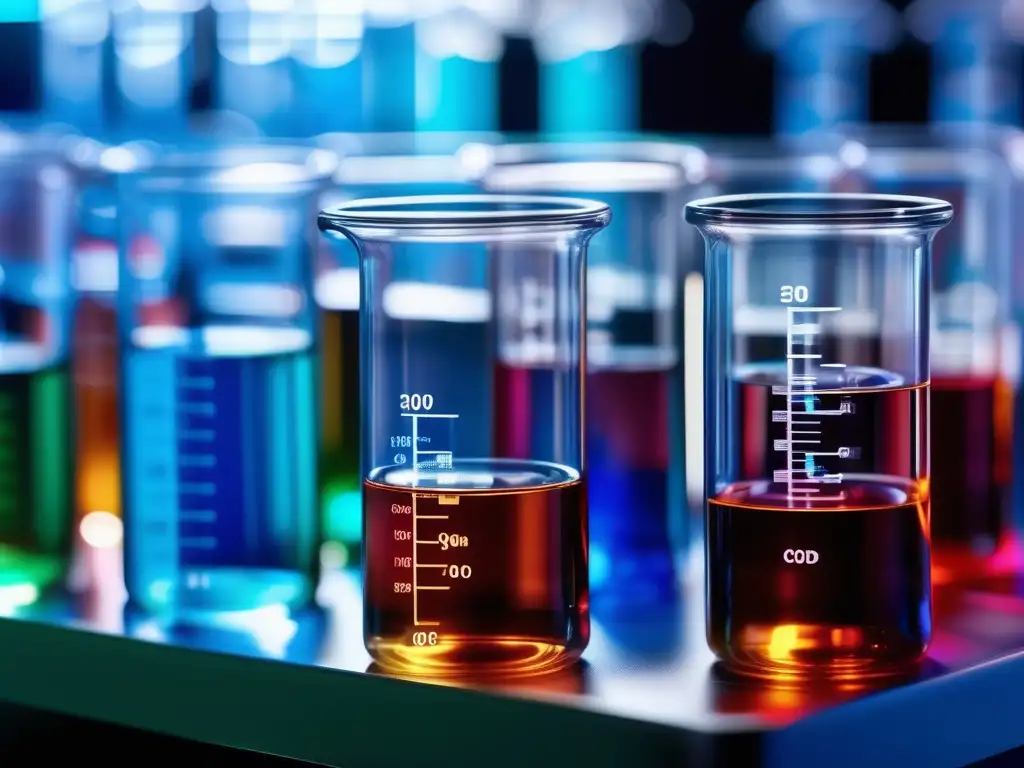 Química de medicamentos poderosos en un laboratorio farmacéutico, con beakers y tubos llenos de líquidos coloridos