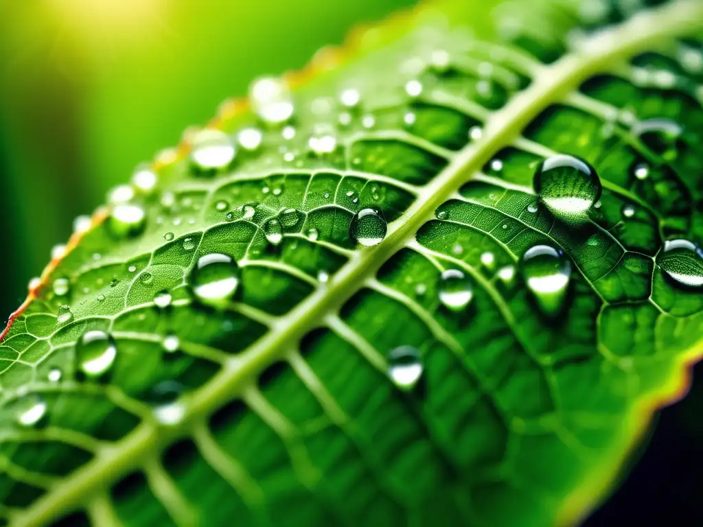 Impacto de ácidos y bases en el medio ambiente, agua en hoja verde con macro detalles y gotas de agua brillantes