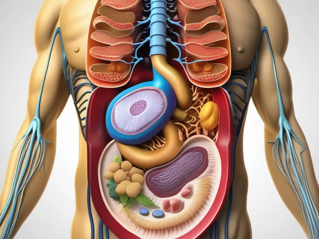 Procesos químicos suplementos nutricionales absorción: imagen detallada del sistema digestivo humano, destacando estómago, intestino delgado y hígado