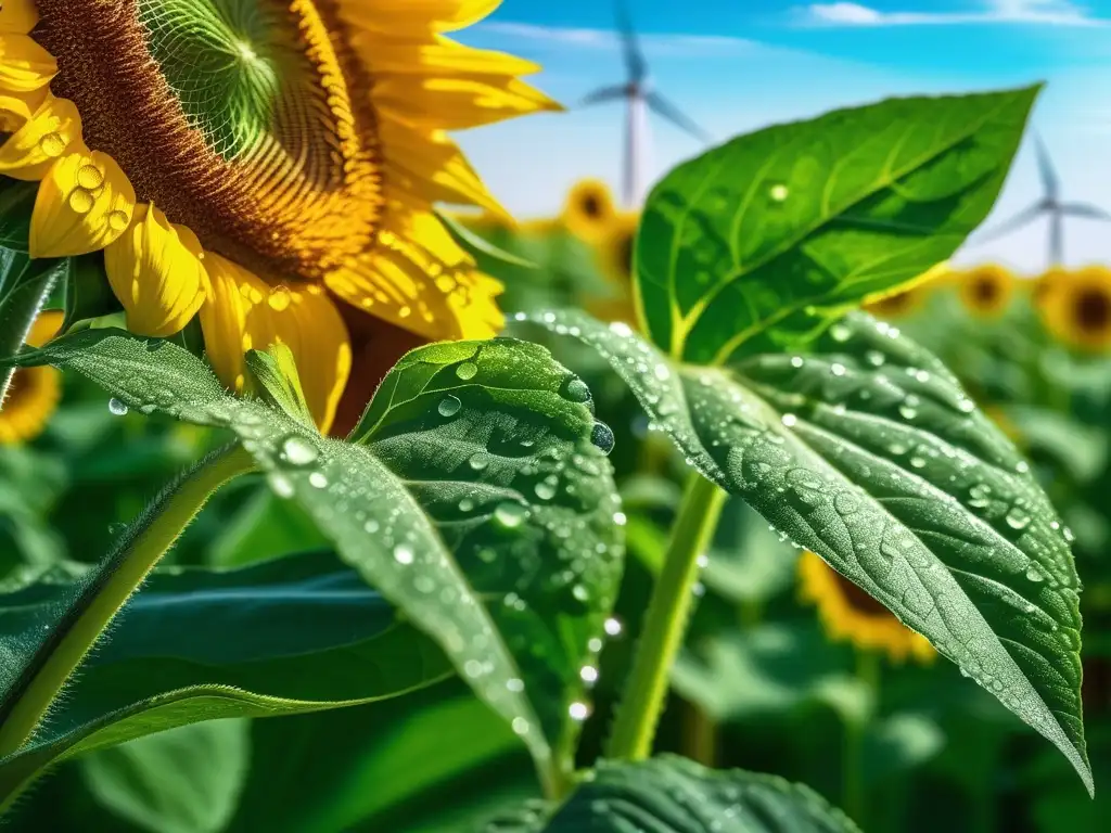 Impactos de energías alternativas en química ambiental: Hoja verde con gotas de rocío, turbinas de viento y girasoles