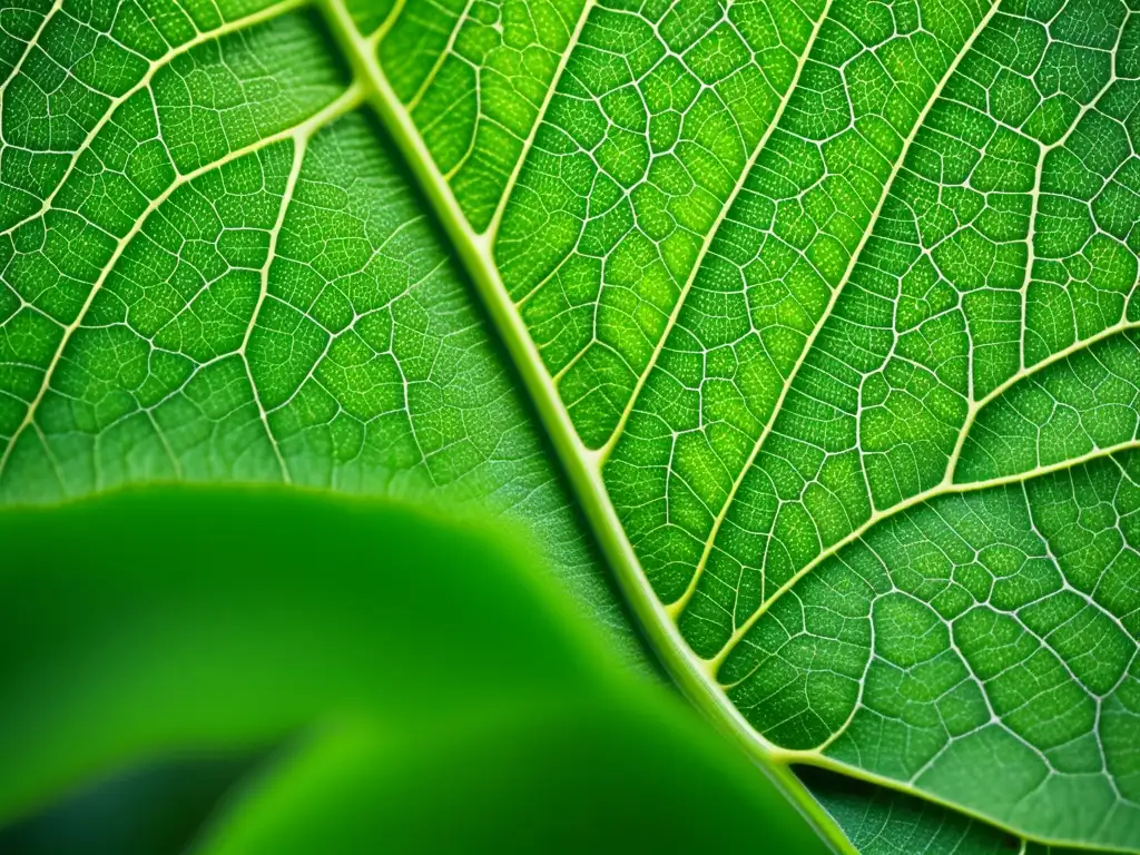 Hoja verde con patrones y texturas, representa materiales bioinspirados en petroquímica