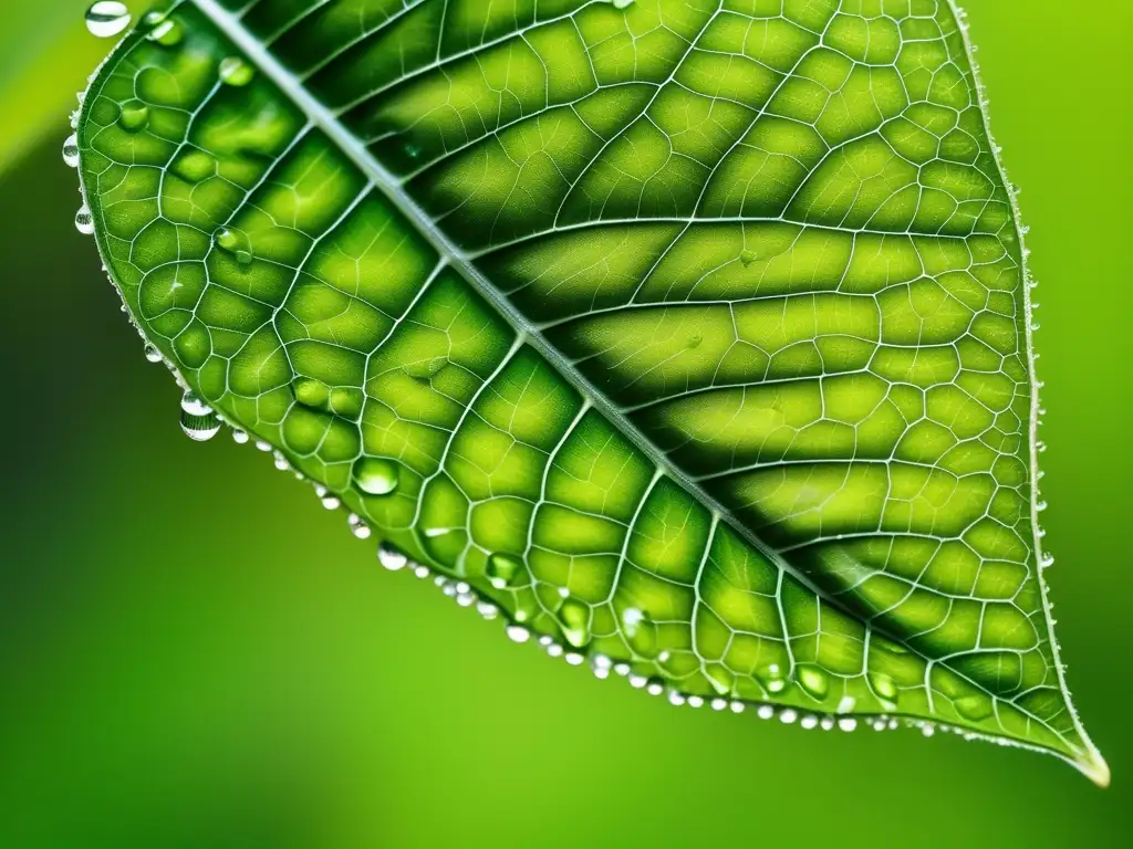 Detalle impresionante: hoja verde con gotas de agua y enzimas luchando contra el cambio climático