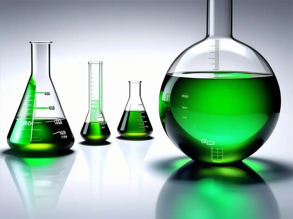 Transformación química sostenible, imagen detallada de un matraz de laboratorio lleno de líquido verde vibrante, rodeado de instrumentos científicos