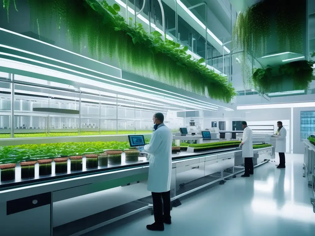 Laboratorio futurista en paisaje verde con cultivos vibrantes: Química en la alimentación: revolución nutricional