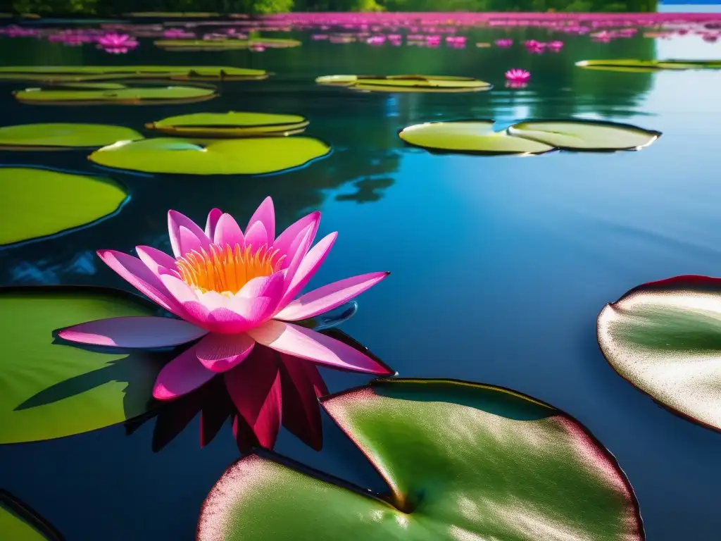 Impresionante imagen de un lago de agua dulce rodeado de vegetación exuberante reflejando el cielo azul