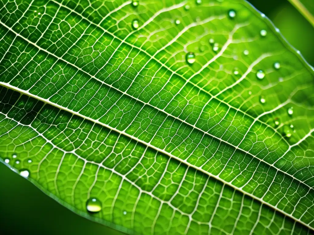 Hoja verde con venas y gotas de agua, muestra belleza natural y beneficios de nutracéuticos