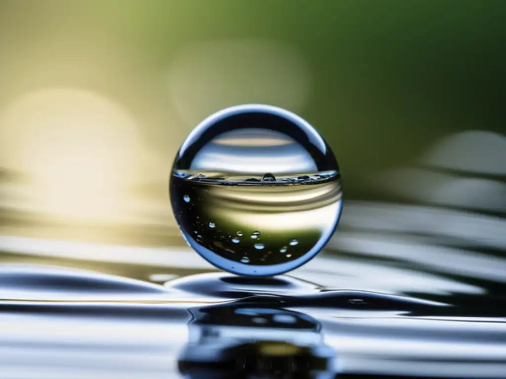 Impacto de la química moderna en la contaminación: imagen detallada de una gota de agua suspendida en el aire, reflejando su entorno con claridad y mostrando partículas contaminantes