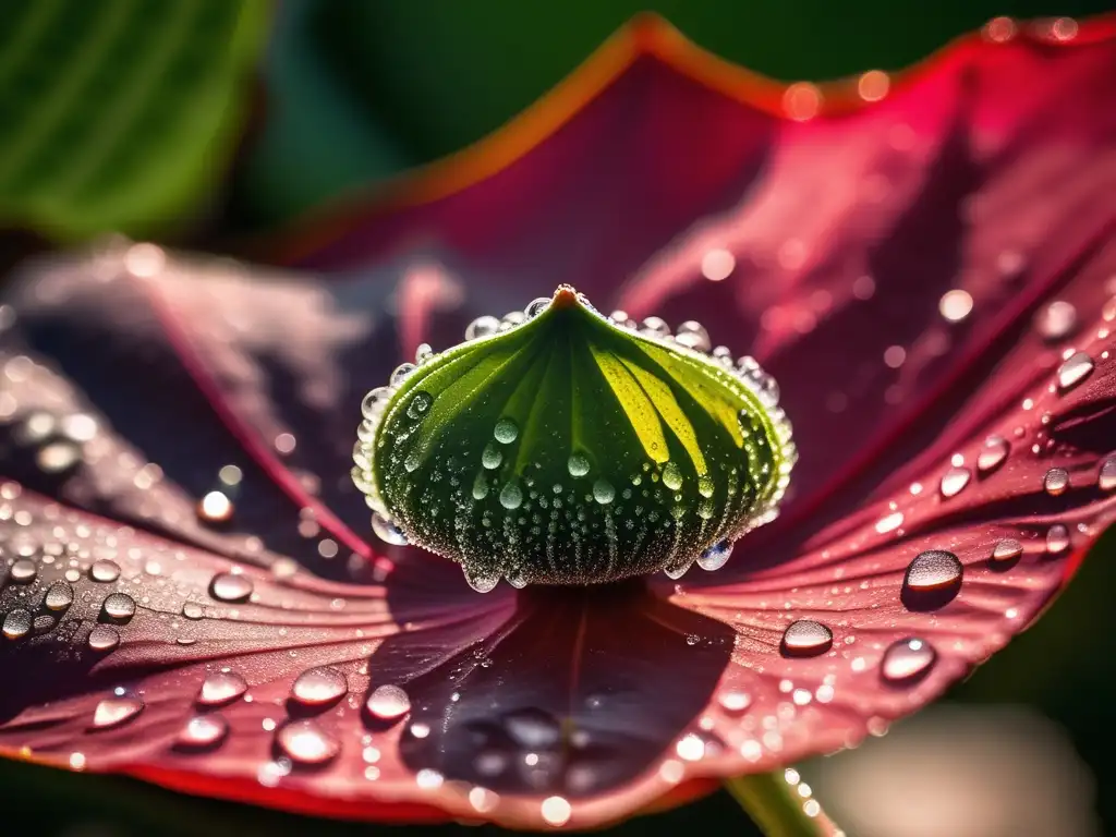 Potencial de materiales bioinspirados: Lotus leaf with water droplets showcases self-cleaning properties and stunning colors