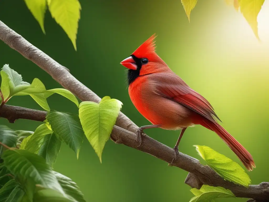 Impacto de la Química Atmosférica en aves migratorias: Cardenal rojo en rama, detalle plumaje, ojos expresivos, entorno natural y contaminación