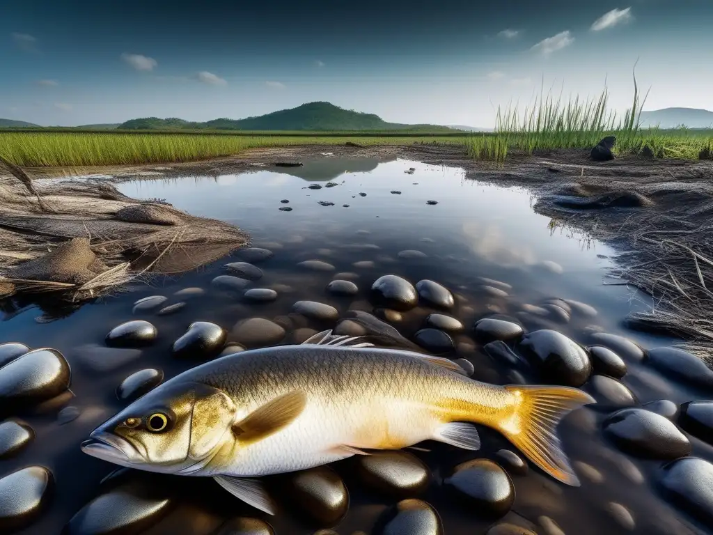 Impactos ambientales de la petroquímica: río tóxico, peces muertos, contaminación industrial