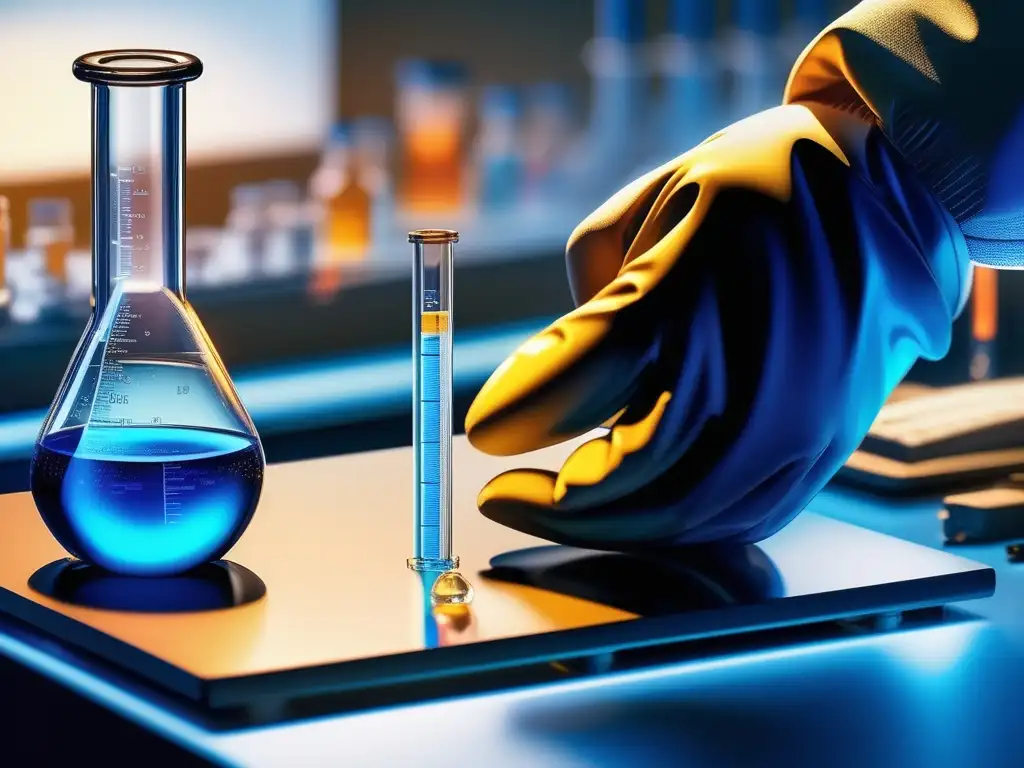 Impacto de la regulación en la industria química: científico sostiene tubo con líquido azul en laboratorio