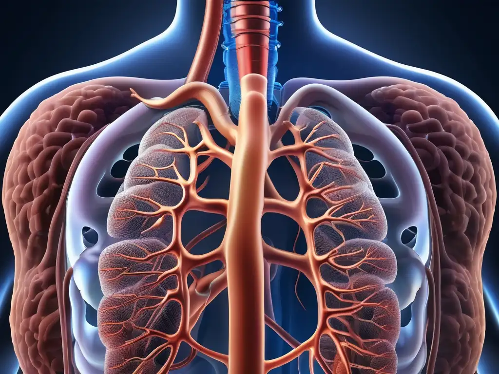 Detalle realista del sistema respiratorio humano y su vulnerabilidad ante la química atmosférica