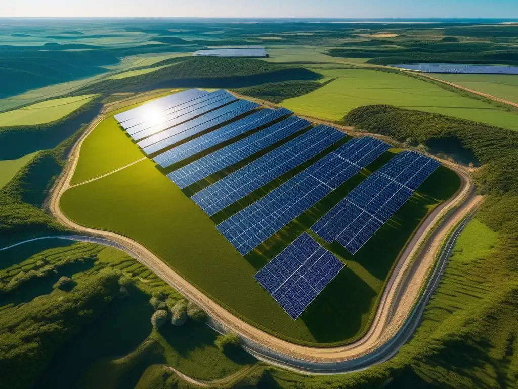 Impacto de energías alternativas en química ambiental: planta solar con paisaje verde y cielo azul