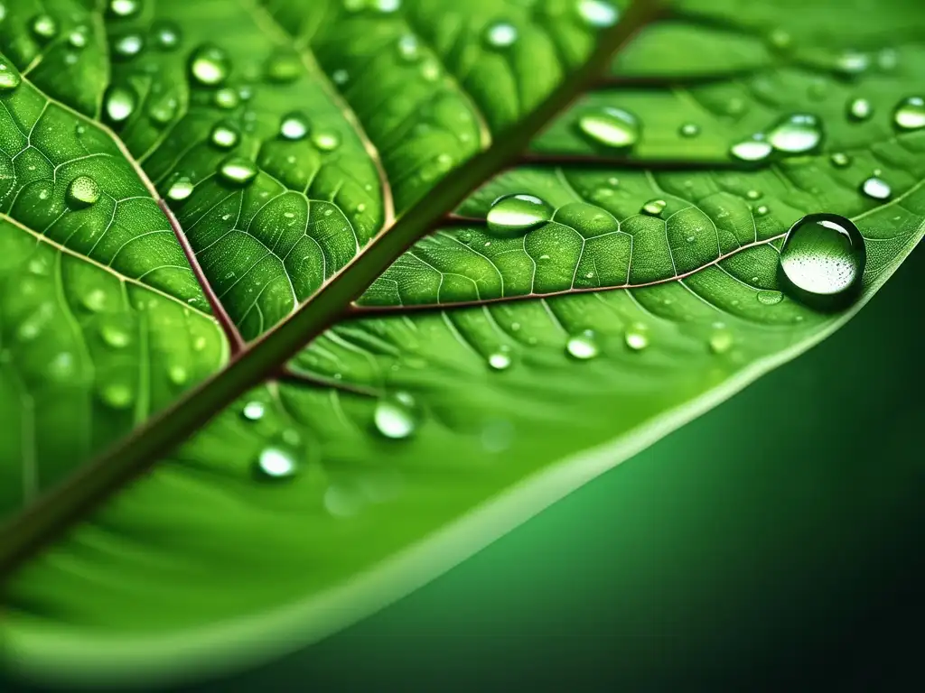 Energías Alternativas en Química Ambiental: Hoja verde con gotas de agua, enfoque perfecto, detalles textura y venas, reflejos cristalinos