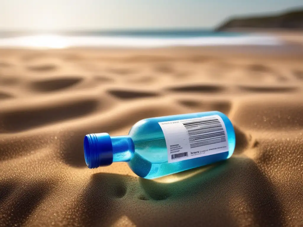 Impacto ambiental de los cosméticos: Botella plástica abandonada en la playa, con etiqueta desgastada y tapa removida