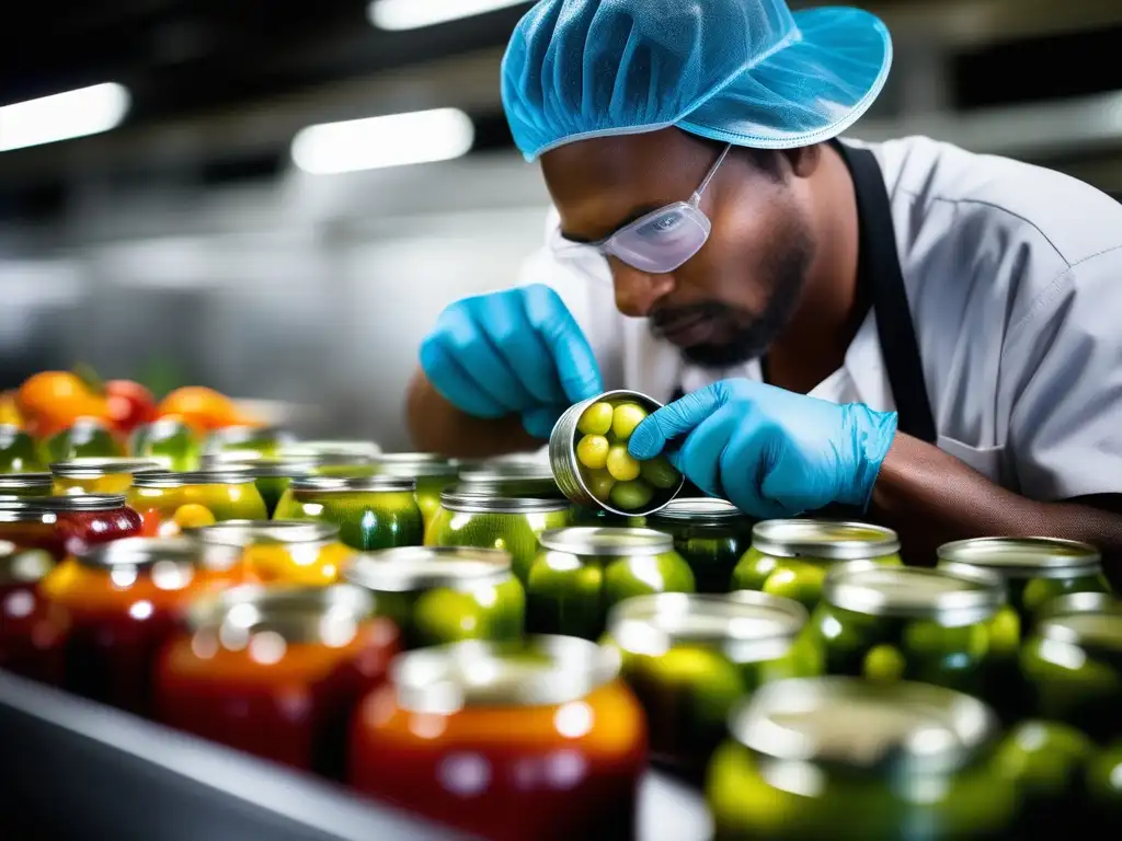 Trabajador de fábrica inspeccionando alimentos enlatados - Seguridad de alimentos enlatados