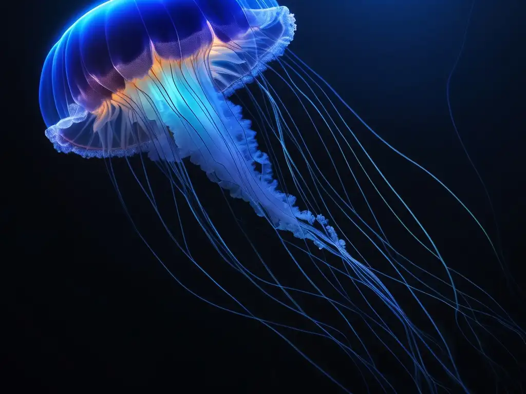 Fotografía de una medusa bioluminiscente en el océano oscuro, irradiando un vibrante brillo azul