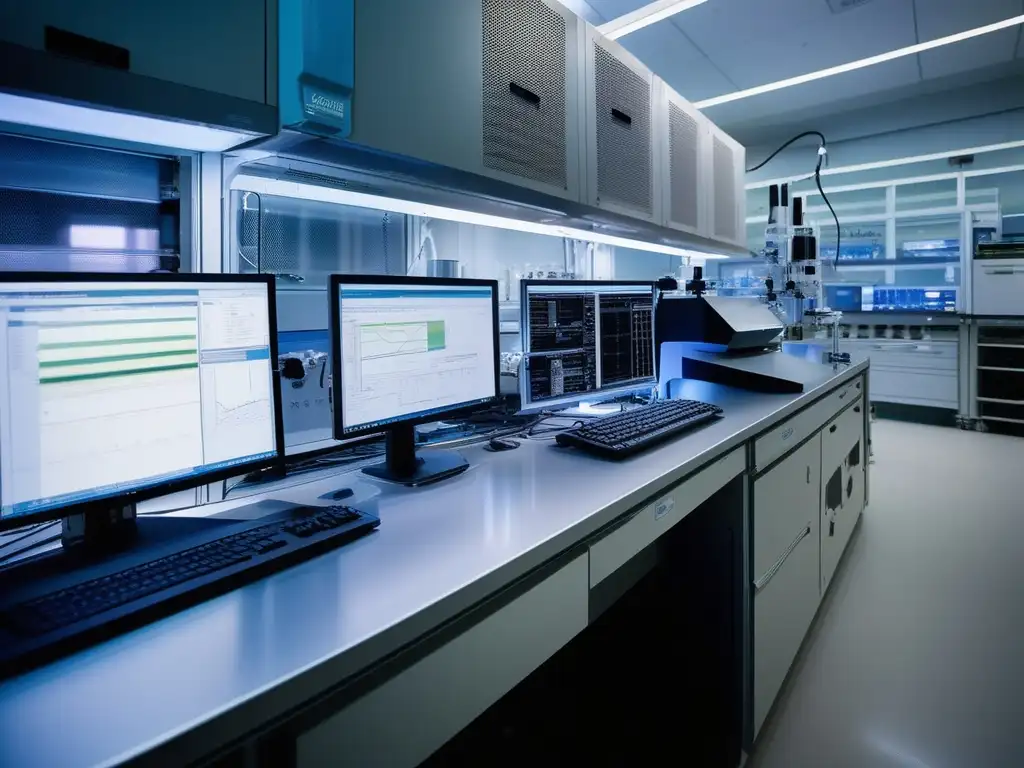 Impacto niebla tóxica Química Atmosférica: lab químico, espectrómetro masas, cables, líquidos coloridos, precisión