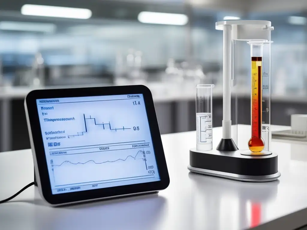 Importancia química orgánica: Detalle de laboratorio con beaker, temperatura y reacciones