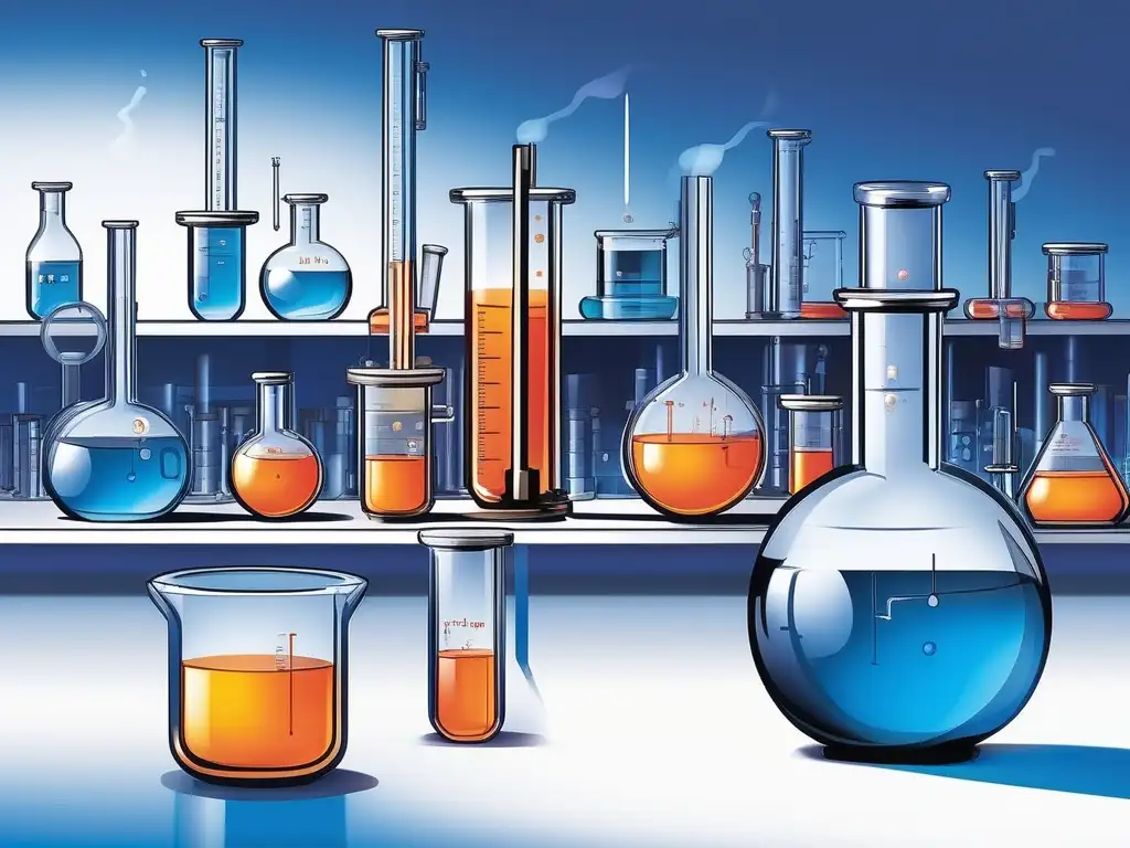 Impacto de procesos industriales en química: imagen detallada de un laboratorio con beaker de vidrio con líquido azul vibrante, burbujas y llama de Bunsen