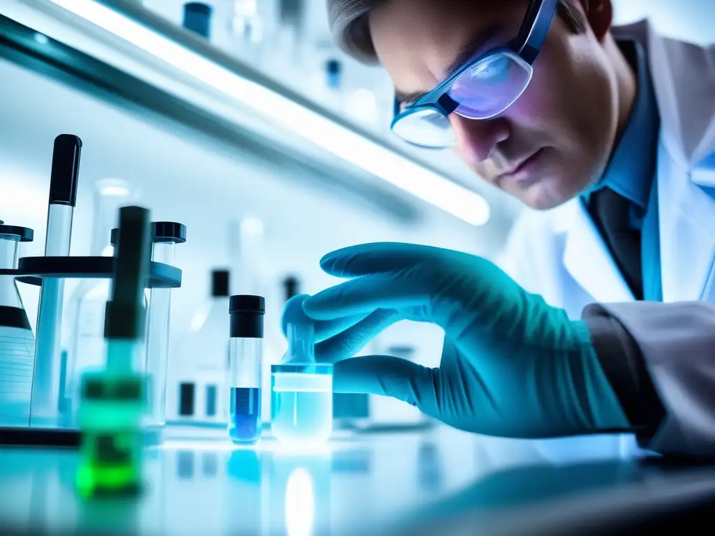 Lab technician holds vibrant test tube in clean lab, showcasing orphan drug development (Desarrollo medicamentos huérfanos)