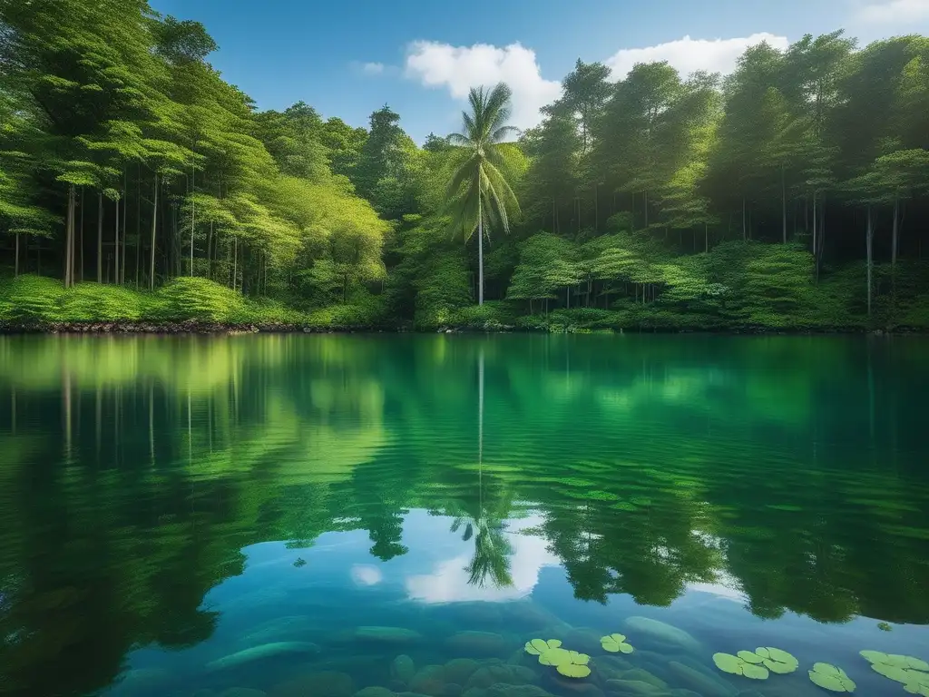 Impacto ambiental de los cosméticos: Hermoso lago cristalino rodeado de naturaleza, destacando la importancia de proteger nuestros recursos acuáticos